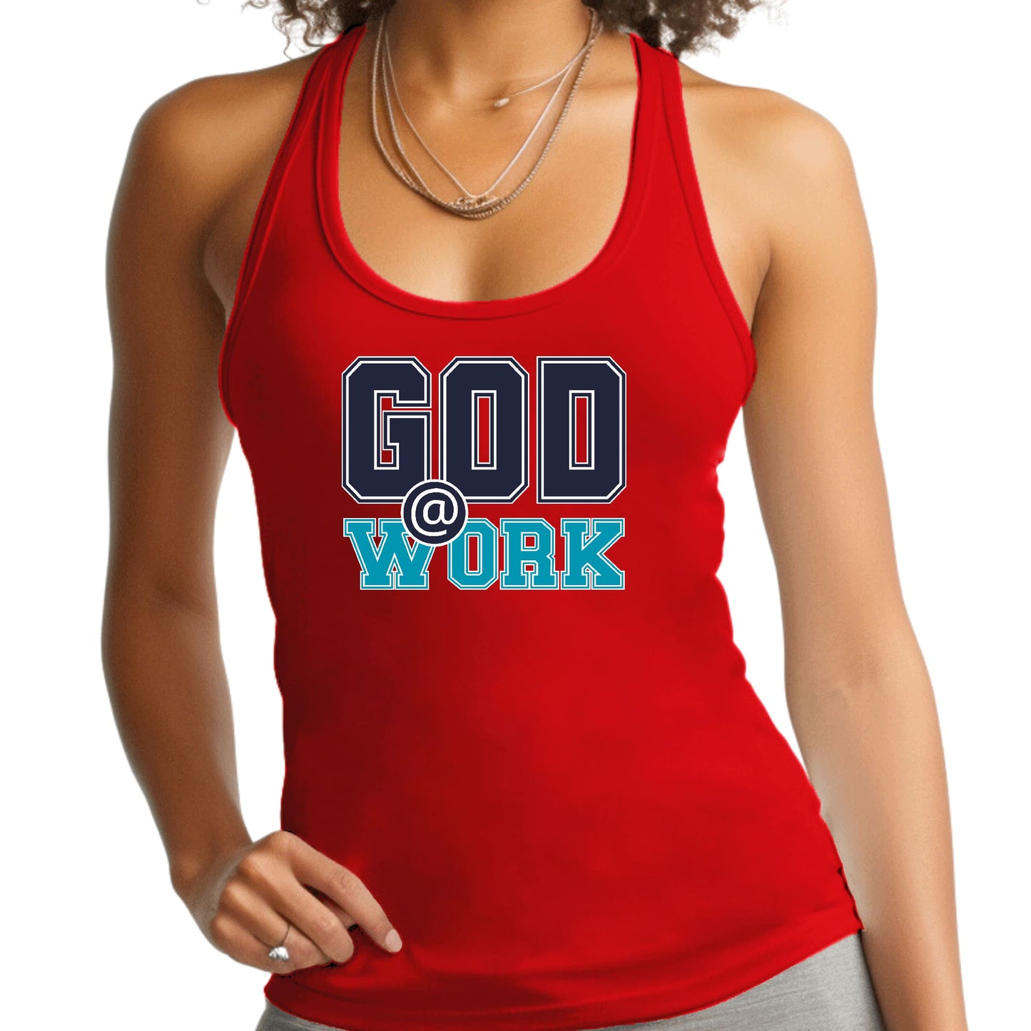 Womens Fitness Tank Top Graphic T-shirt - God @ Work Navy Blue-1