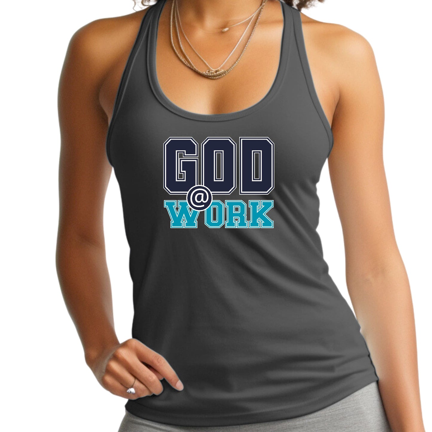 Womens Fitness Tank Top Graphic T-shirt - God @ Work Navy Blue-4