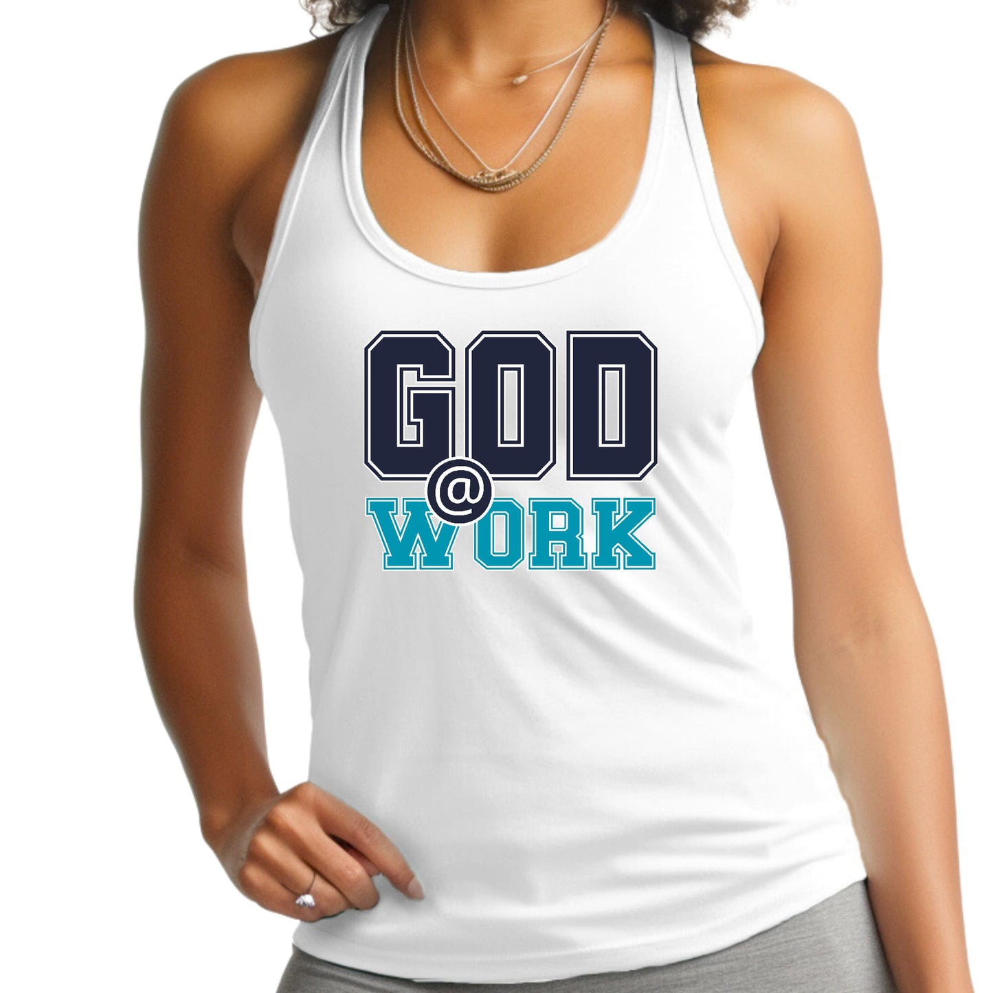 Womens Fitness Tank Top Graphic T-shirt - God @ Work Navy Blue-7