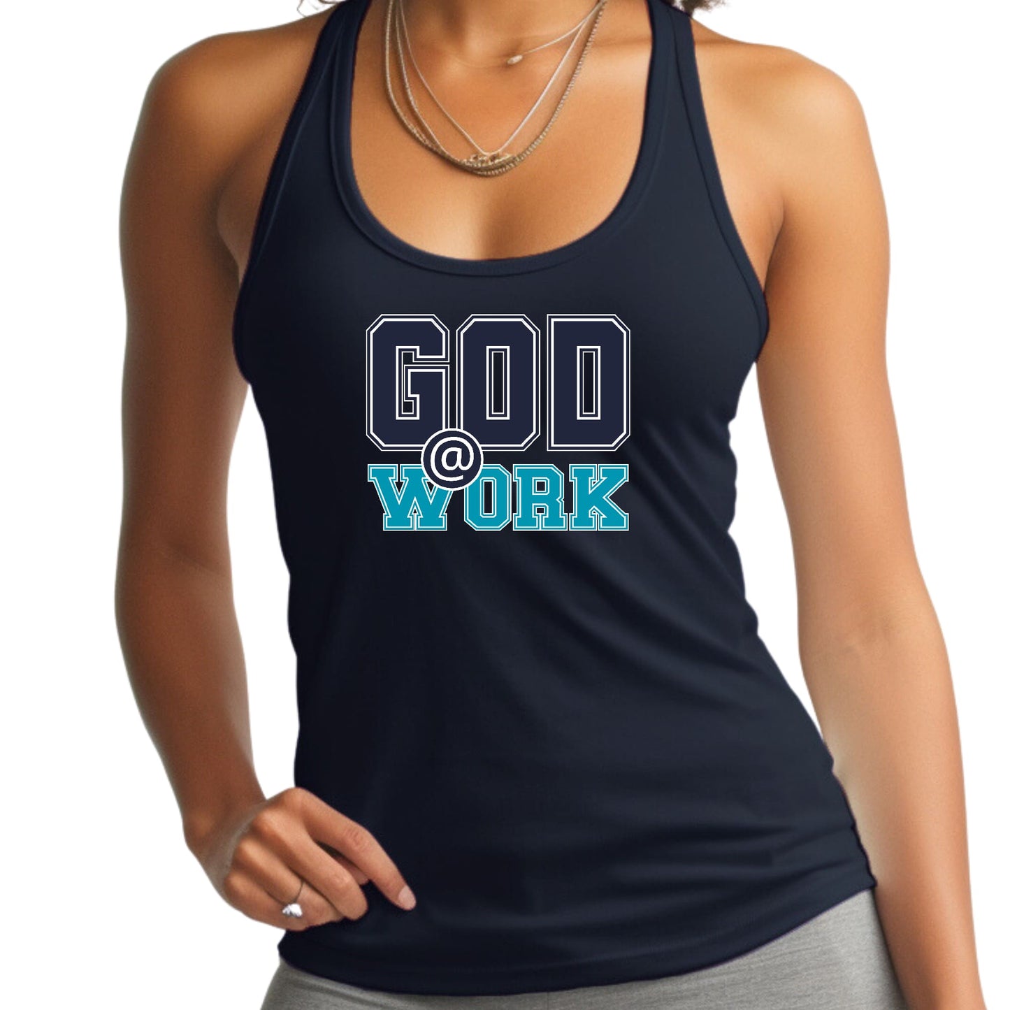 Womens Fitness Tank Top Graphic T-shirt - God @ Work Navy Blue-2