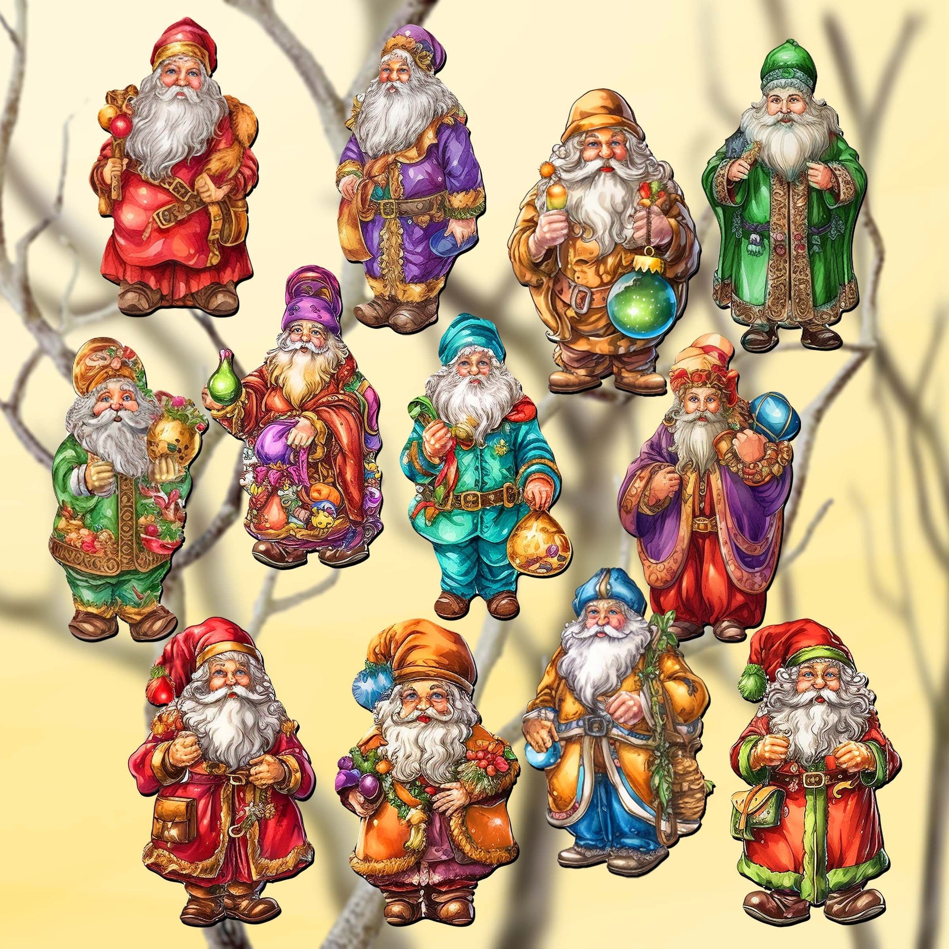 Colorful Santa Decorative Wooden Clip-on Ornaments Set of 12 by G. Debrekht - Christmas Decor - 8090050C-S12-0