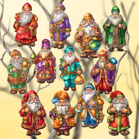 Colorful Santa Decorative Wooden Clip-on Ornaments Set of 12 by G. Debrekht - Christmas Decor - 8090050C-S12-0
