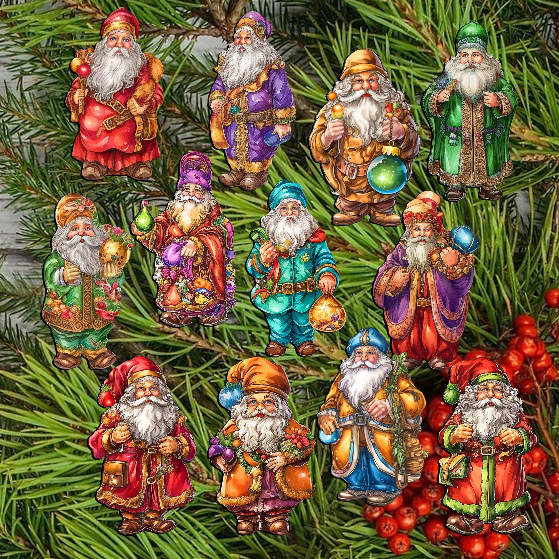 Colorful Santa Decorative Wooden Clip-on Ornaments Set of 12 by G. Debrekht - Christmas Decor - 8090050C-S12-2