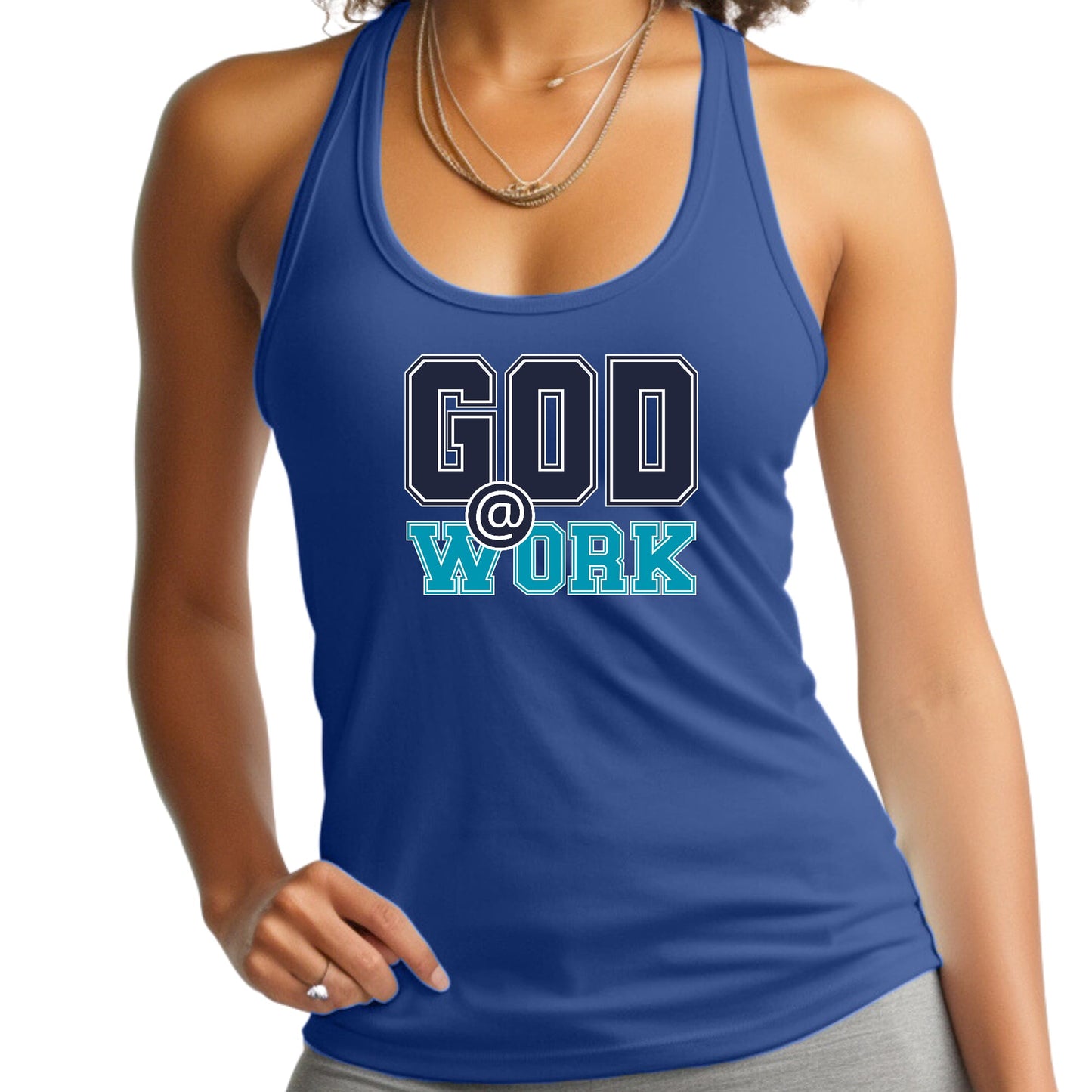 Womens Fitness Tank Top Graphic T-shirt - God @ Work Navy Blue-3